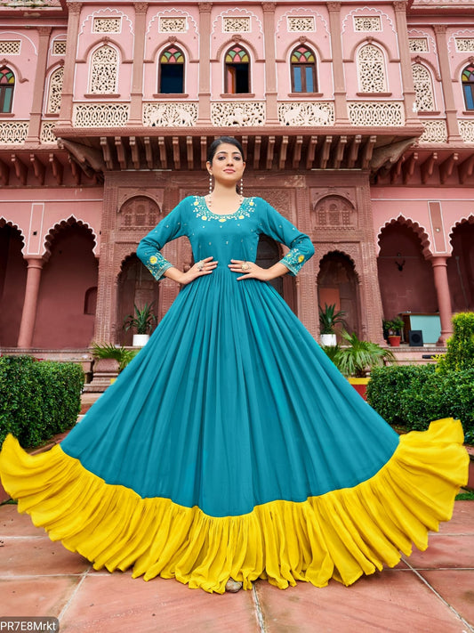 Yellow Frill Faux Embroidered Gown with 4 Meter Flair