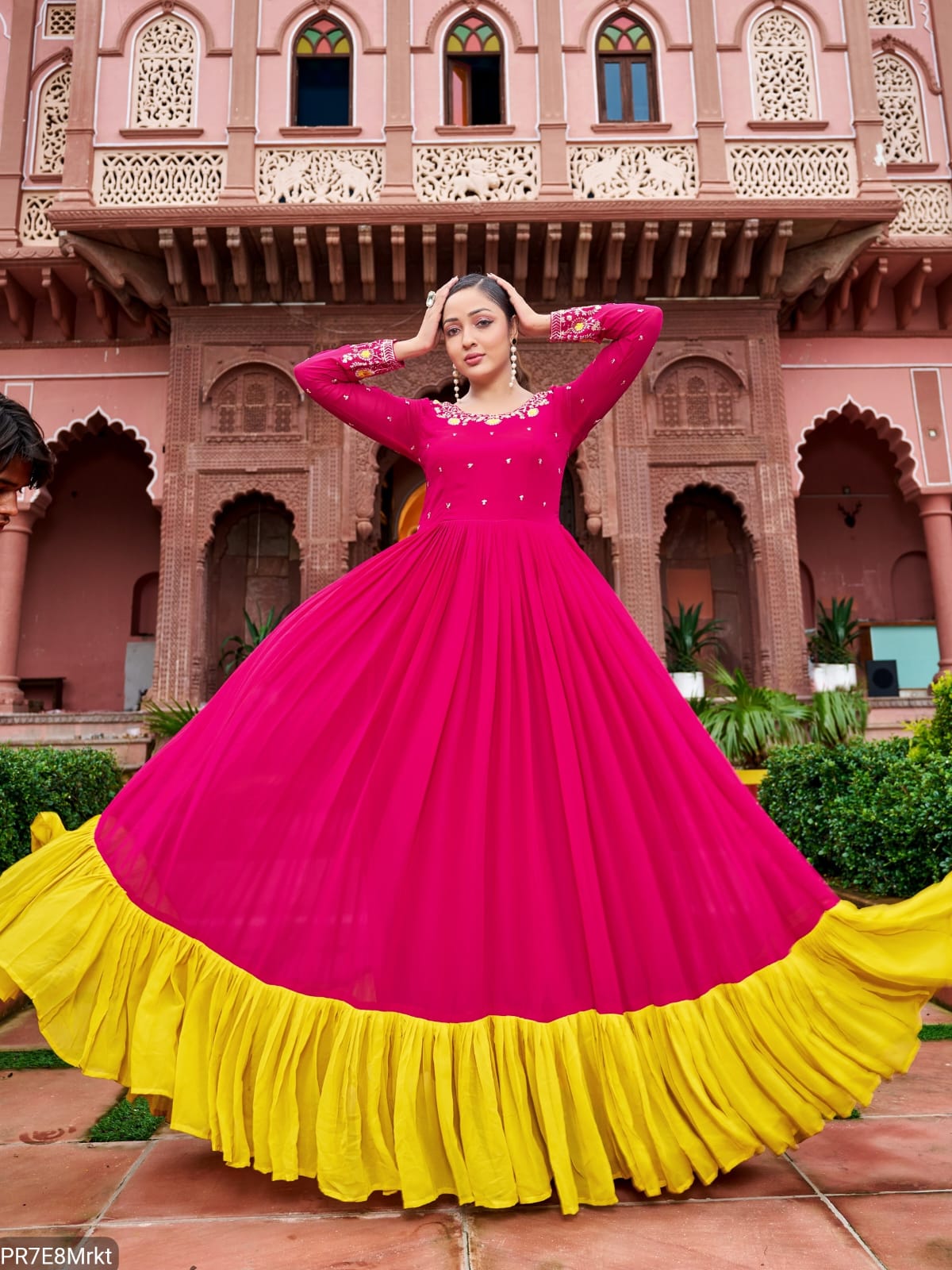 Yellow Frill Faux Embroidered Gown with 4 Meter Flair