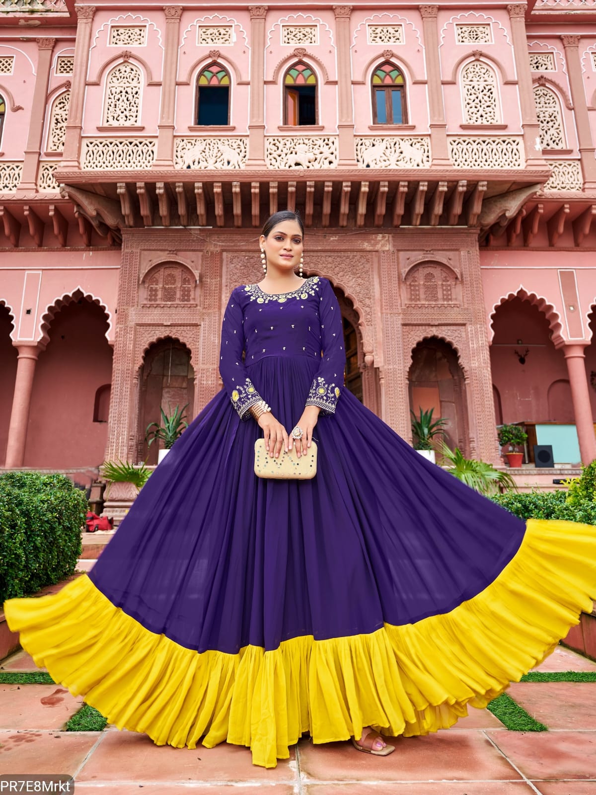 Yellow Frill Faux Embroidered Gown with 4 Meter Flair