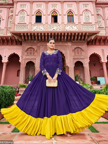 Yellow Frill Faux Embroidered Gown with 4 Meter Flair