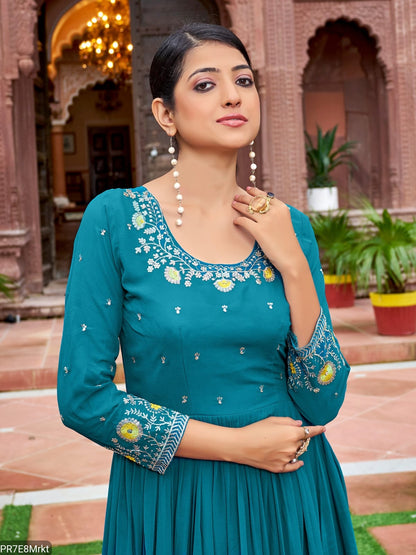 Yellow Frill Faux Embroidered Gown with 4 Meter Flair