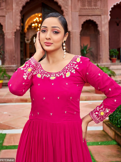 Yellow Frill Faux Embroidered Gown with 4 Meter Flair