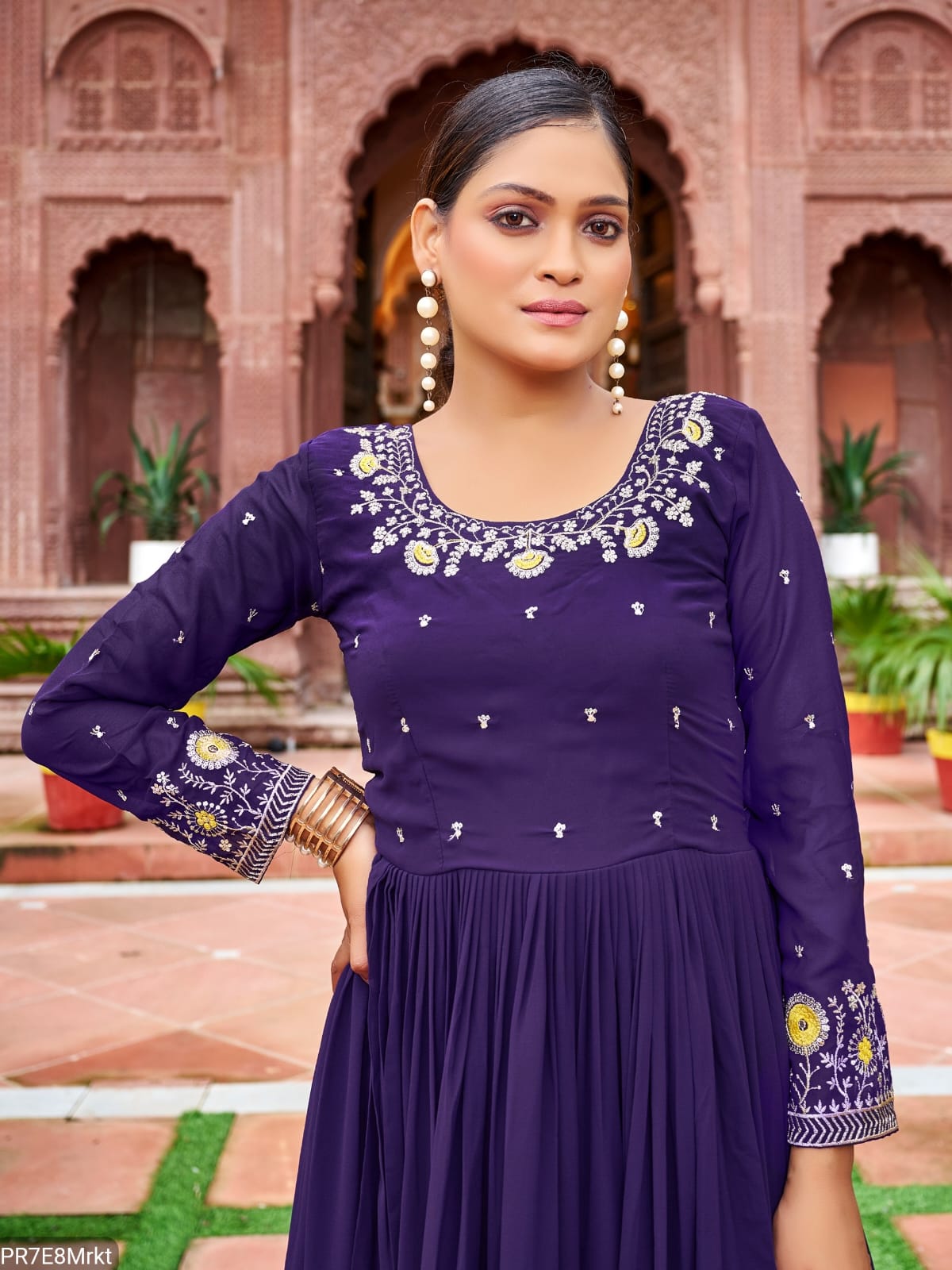Yellow Frill Faux Embroidered Gown with 4 Meter Flair