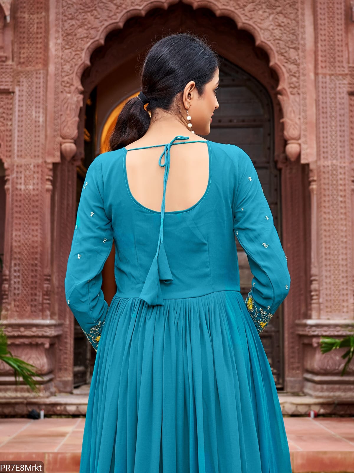 Yellow Frill Faux Embroidered Gown with 4 Meter Flair