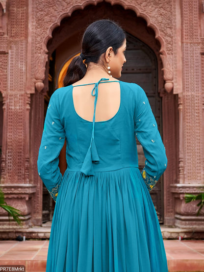 Yellow Frill Faux Embroidered Gown with 4 Meter Flair