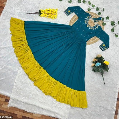 Yellow Frill Faux Embroidered Gown with 4 Meter Flair