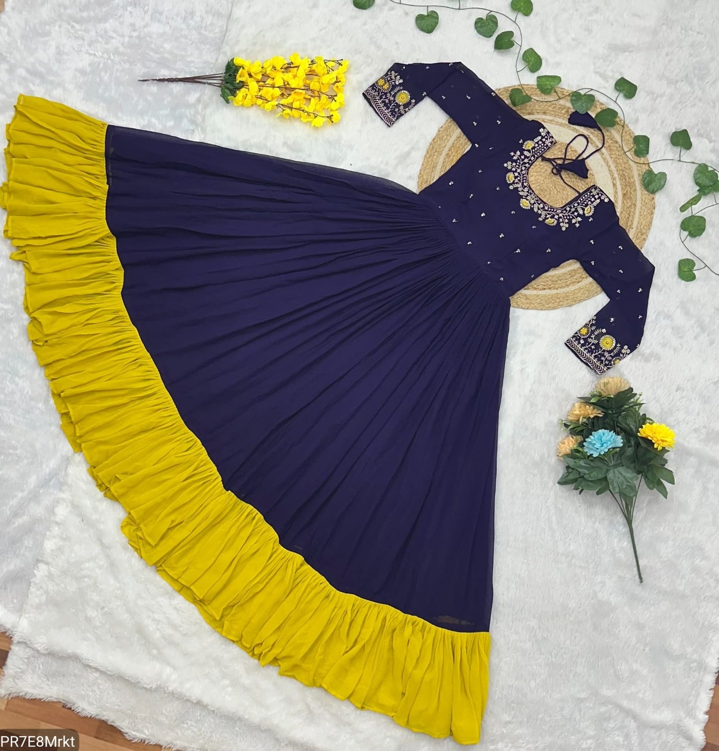 Yellow Frill Faux Embroidered Gown with 4 Meter Flair