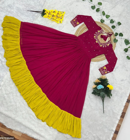 Yellow Frill Faux Embroidered Gown with 4 Meter Flair