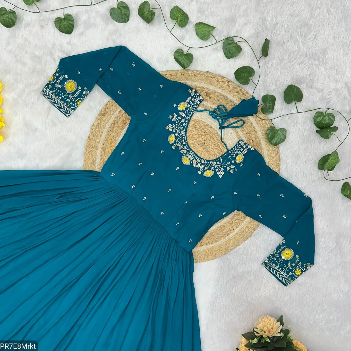 Yellow Frill Faux Embroidered Gown with 4 Meter Flair