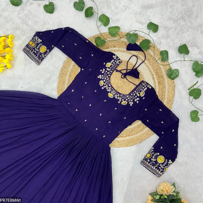 Yellow Frill Faux Embroidered Gown with 4 Meter Flair