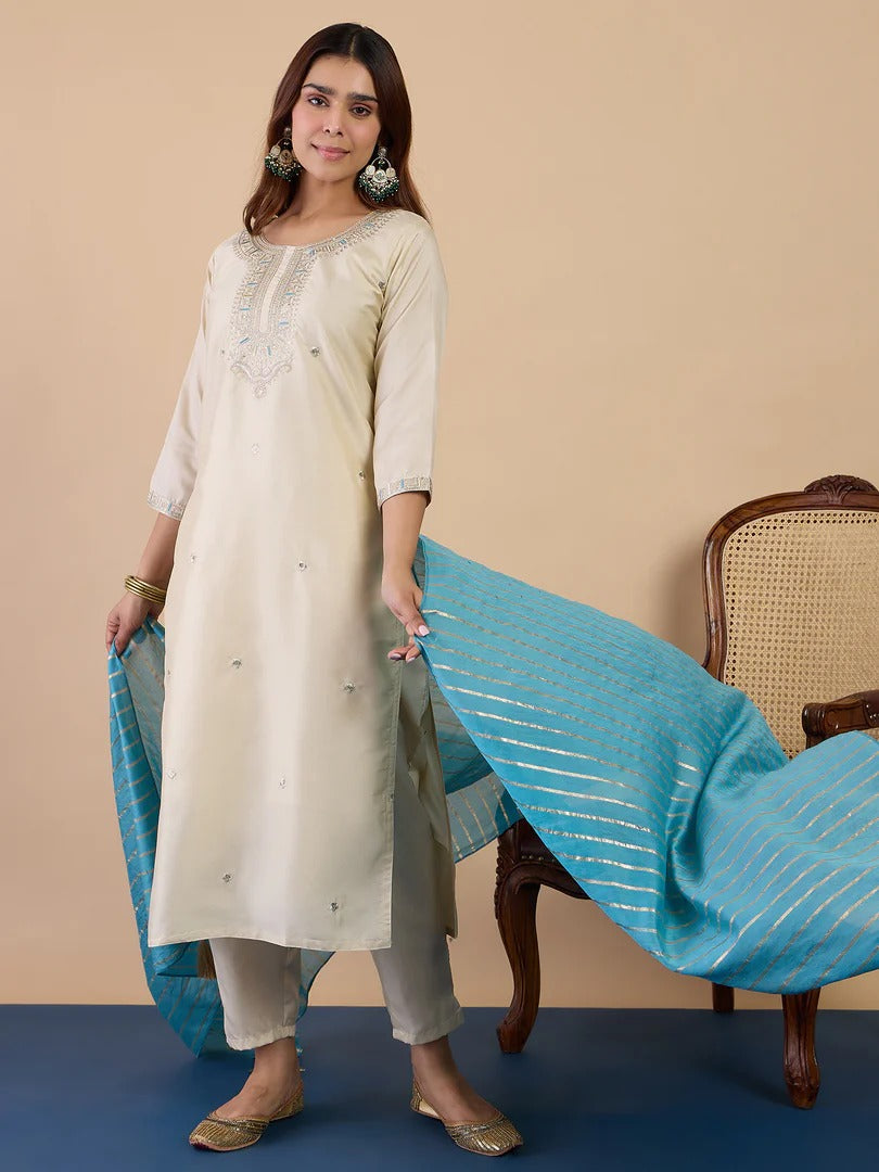 Zora Silk Straight Kurta Pant Set with Chanderi Striped Dupatta (3Pc)