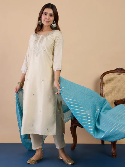 Zora Silk Straight Kurta Pant Set with Chanderi Striped Dupatta (3Pc)