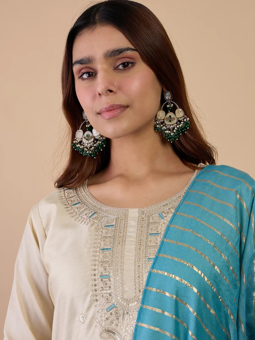 Zora Silk Straight Kurta Pant Set with Chanderi Striped Dupatta (3Pc)
