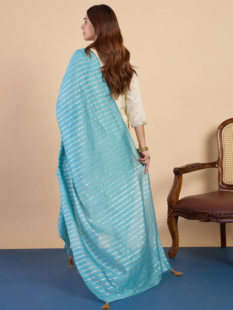 Zora Silk Straight Kurta Pant Set with Chanderi Striped Dupatta (3Pc)