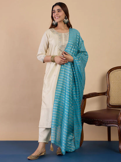 Zora Silk Straight Kurta Pant Set with Chanderi Striped Dupatta (3Pc)