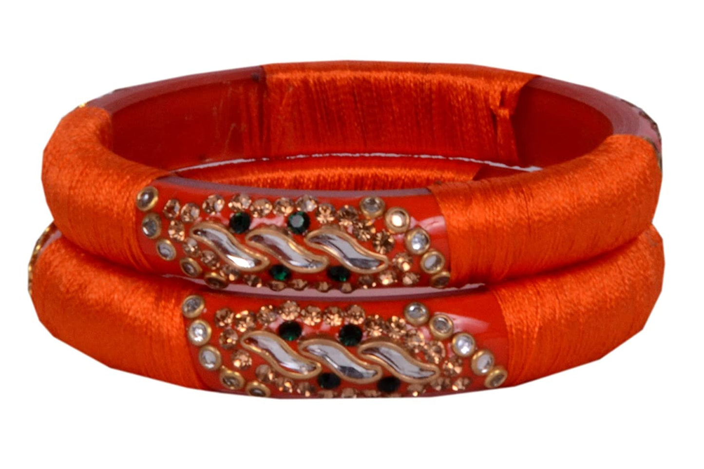 sukriti stylish designer orange silk thread acrylic bangles for girls, women - set of 2