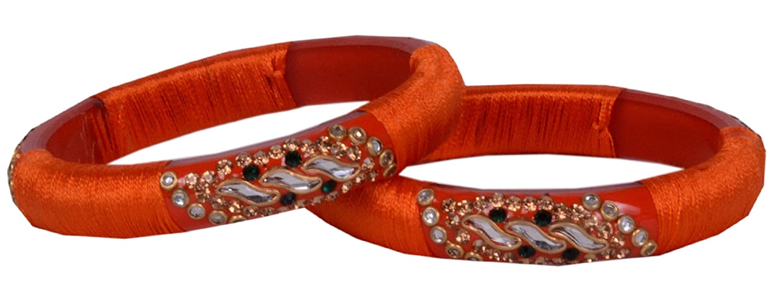 sukriti stylish designer orange silk thread acrylic bangles for girls, women - set of 2