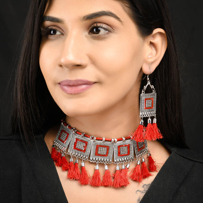 Sukriti Oxidised German Silver Silk Thread Red Choker Necklace