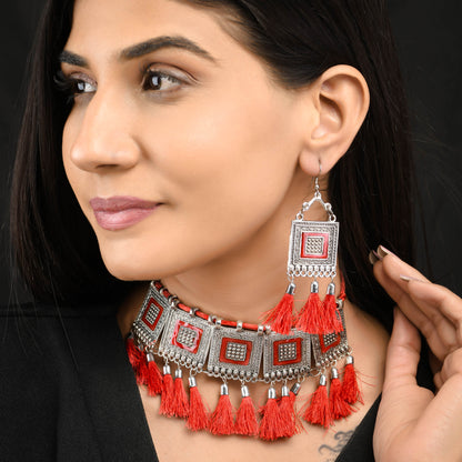 Sukriti Oxidised German Silver Silk Thread Red Choker Necklace Earring Set Gujrati style for Women & Girls
