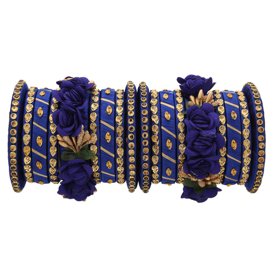 sukriti stylish handmade blue flower designer silk thread plastic bridal chuda wedding bangles for women – set of 18