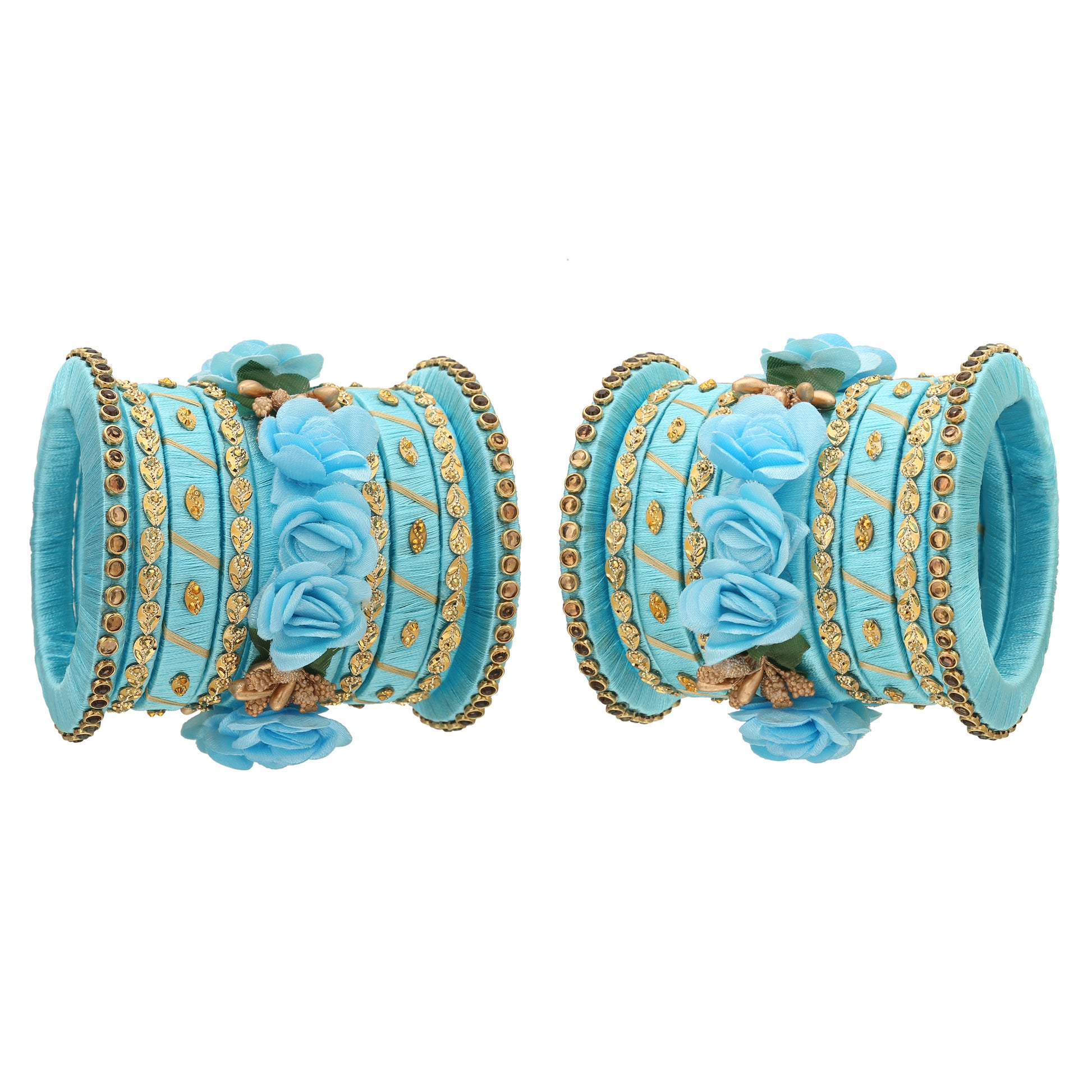 sukriti stylish handmade sky-blue flower designer silk thread plastic bridal chuda wedding bangles for women – set of 18