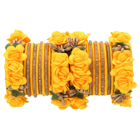 sukriti beautiful handcrafted mangoyellow flower designer silk thread bridal chuda wedding bangles for women – set of 22