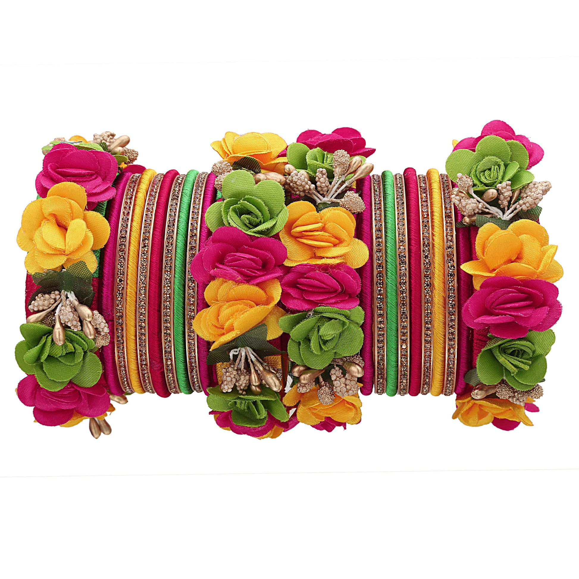 sukriti beautiful handcrafted multicolor flower designer silk thread bridal chuda wedding bangles for women – set of 22