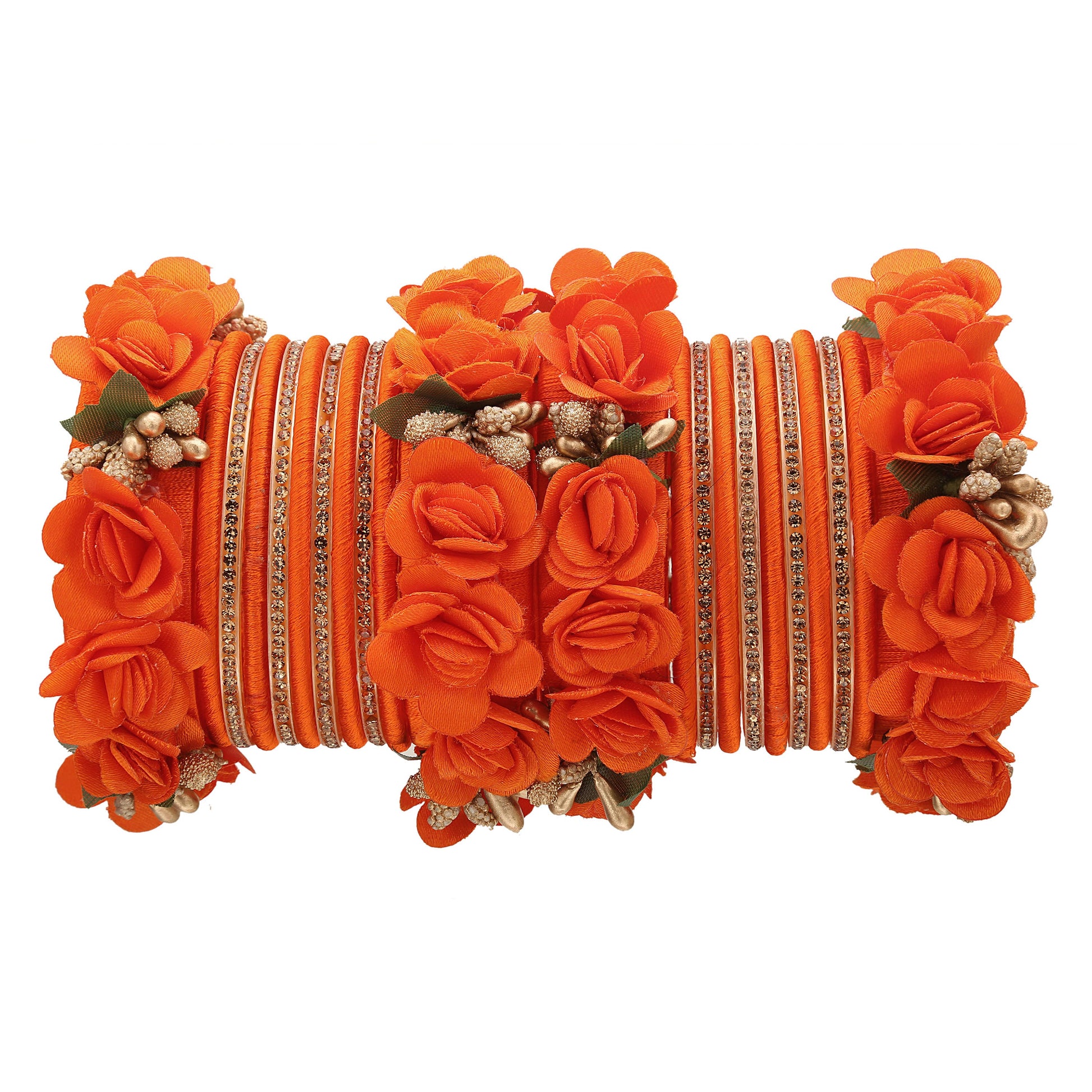 sukriti beautiful handcrafted orange flower designer silk thread bridal chuda wedding bangles for women – set of 22