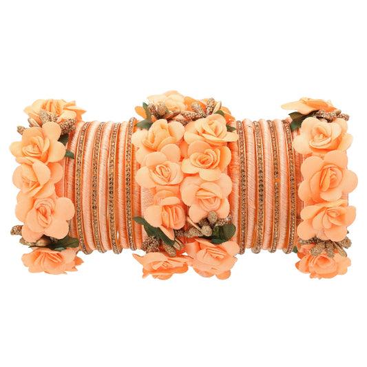 sukriti beautiful handcrafted peach flower designer silk thread bridal chuda wedding bangles for women – set of 22