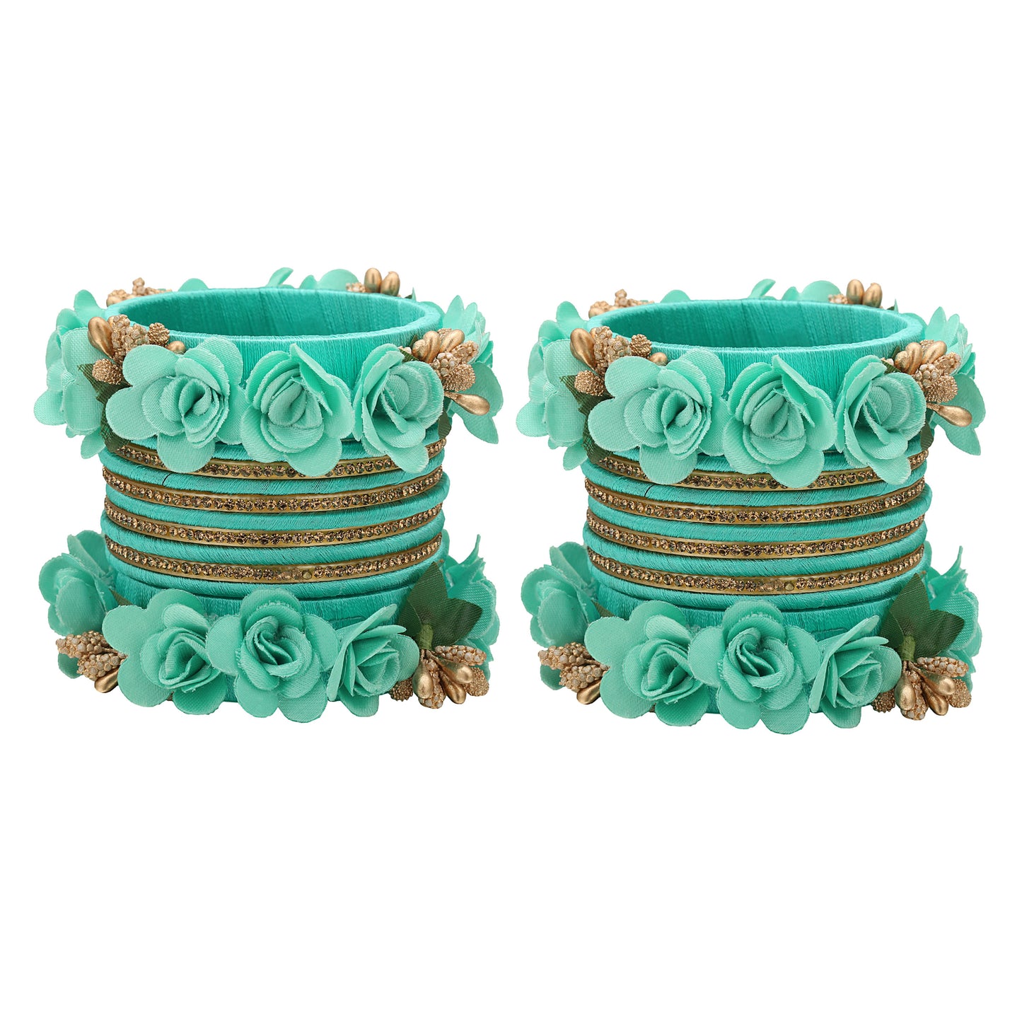 sukriti beautiful handcrafted turquoise flower designer silk thread bridal chuda wedding bangles for women – set of 22