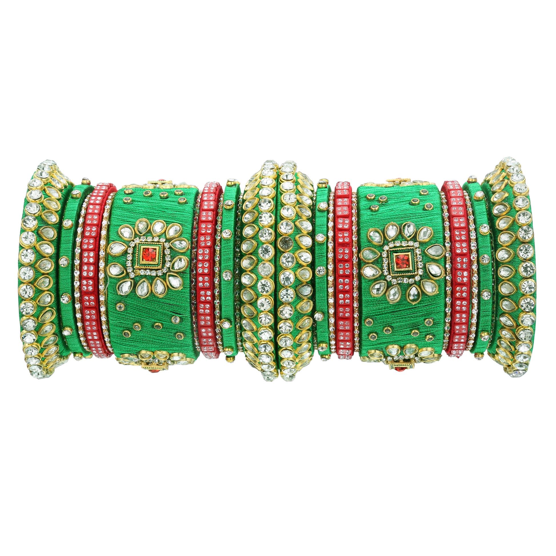 sukriti silk thread fabric stone/kundan studded chura/chuda dhalu style handmade wedding green bangle for women & girls - set of 26