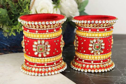 sukriti silk thread fabric stone/kundan studded chura/chuda dhalu style handmade wedding red bangle for women & girls - set of 26
