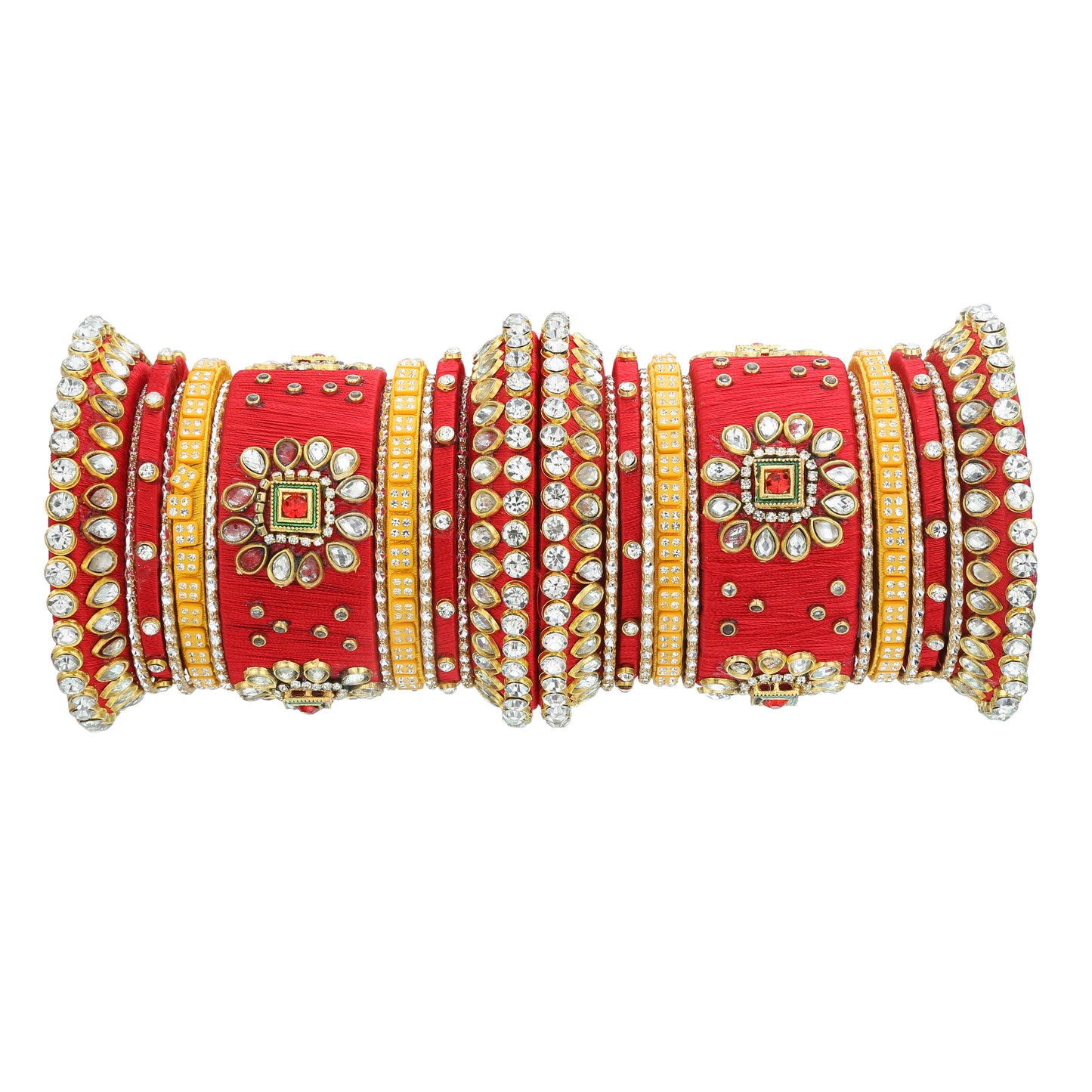 sukriti silk thread fabric stone/kundan studded chura/chuda dhalu style handmade wedding red bangle for women & girls - set of 26