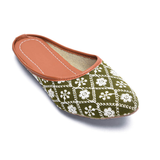 Sukriti Ethnic Traditional Handcrafted Latest Flower design Embroidery Rajasthani Bottle green Jutti | Nagra | Mojari | Shoes for Women & Girls