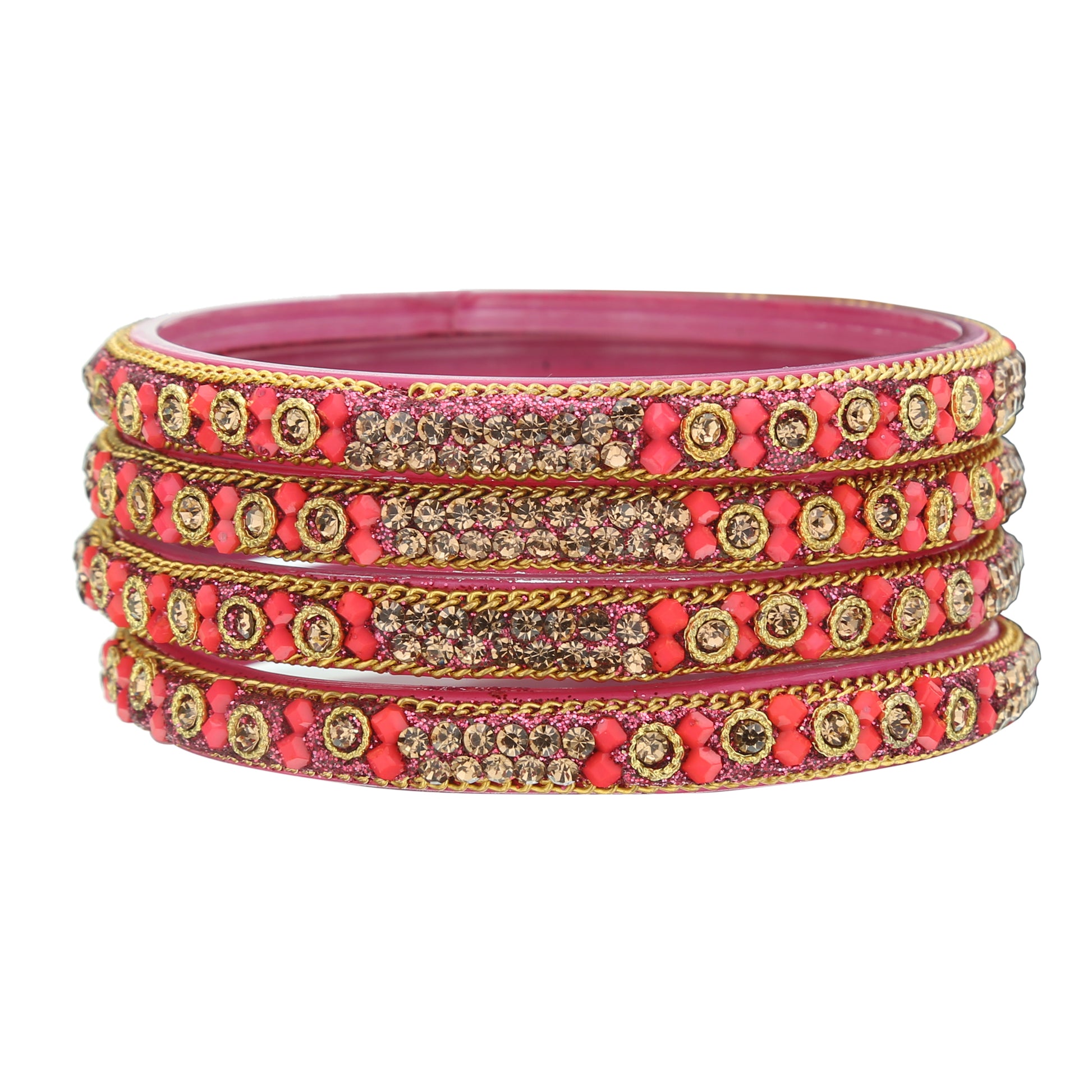 sukriti handcrafted glossy zircon crystal pink glass bangles for women – set of 4