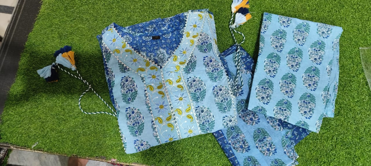 Elegant Cotton Naira cut Anarkali Kurta set with Heavy Embroidery