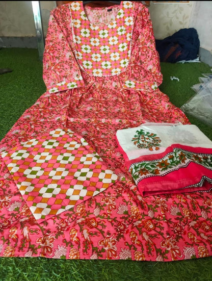 Stylish Printed Cotton Pink Kurti, Pant, and Dupatta Set