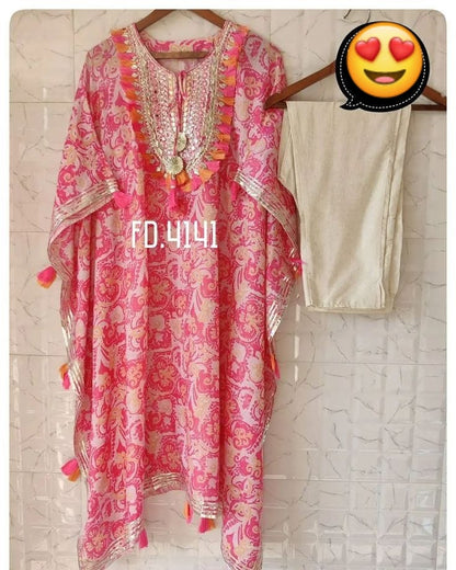Elegant Rayon Pink Kaftan with Heavy Embroidery, Gotta Work, and Lace Design