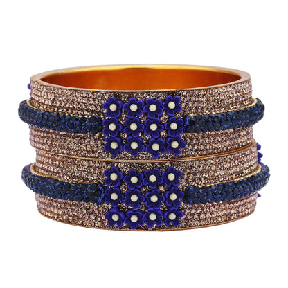 sukriti beautiful partywear flower brass kada navy-blue bangles for women – set of 2