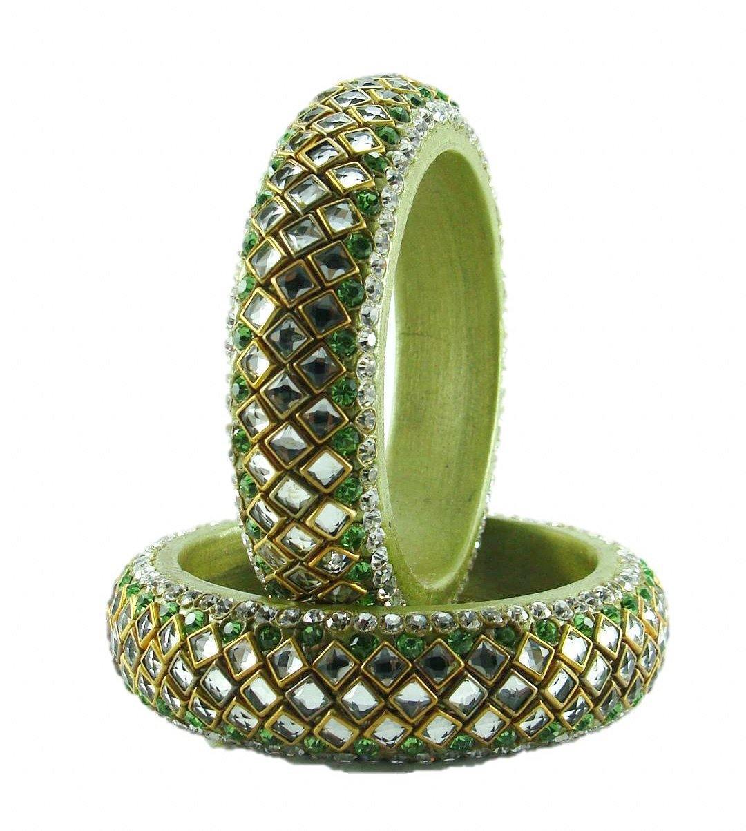 sukriti designer kundan green lac bangles for women - set of 2