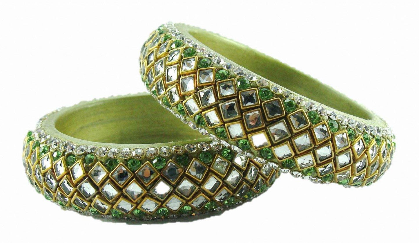 sukriti designer kundan green lac bangles for women - set of 2