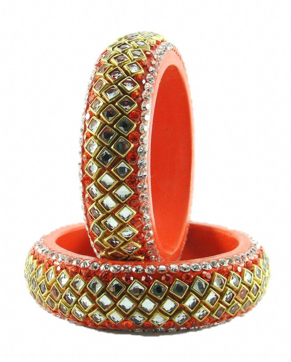 sukriti designer kundan orange lac bangles for women - set of 2