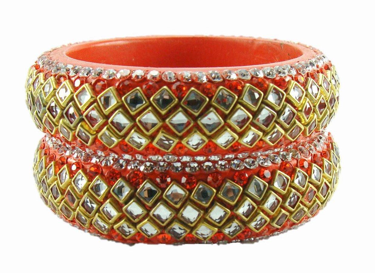 sukriti designer kundan orange lac bangles for women - set of 2