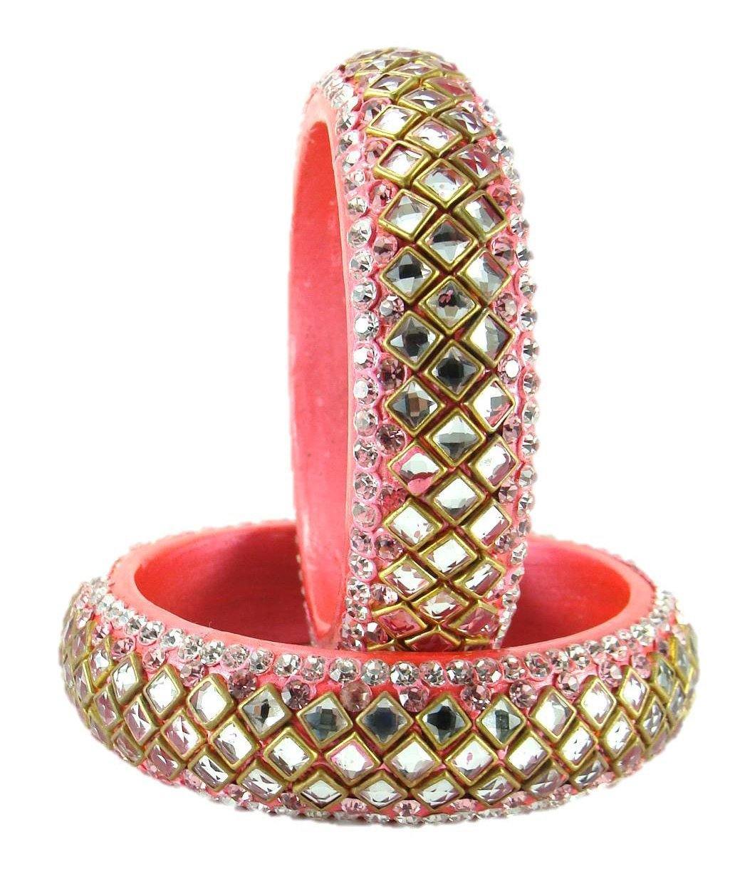 sukriti designer kundan pink lac bangles for women - set of 2