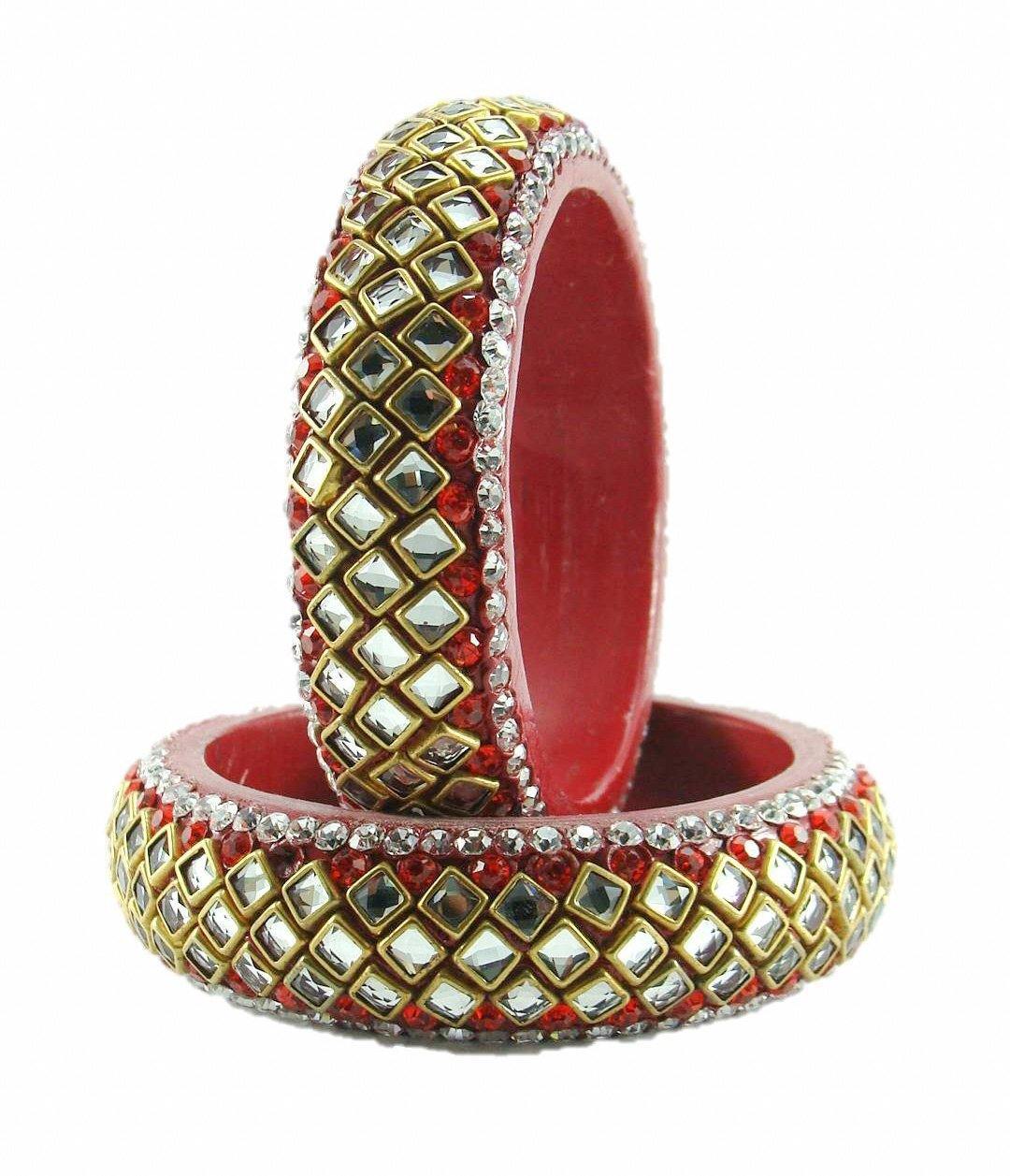 sukriti designer kundan red lac bangles for women - set of 2