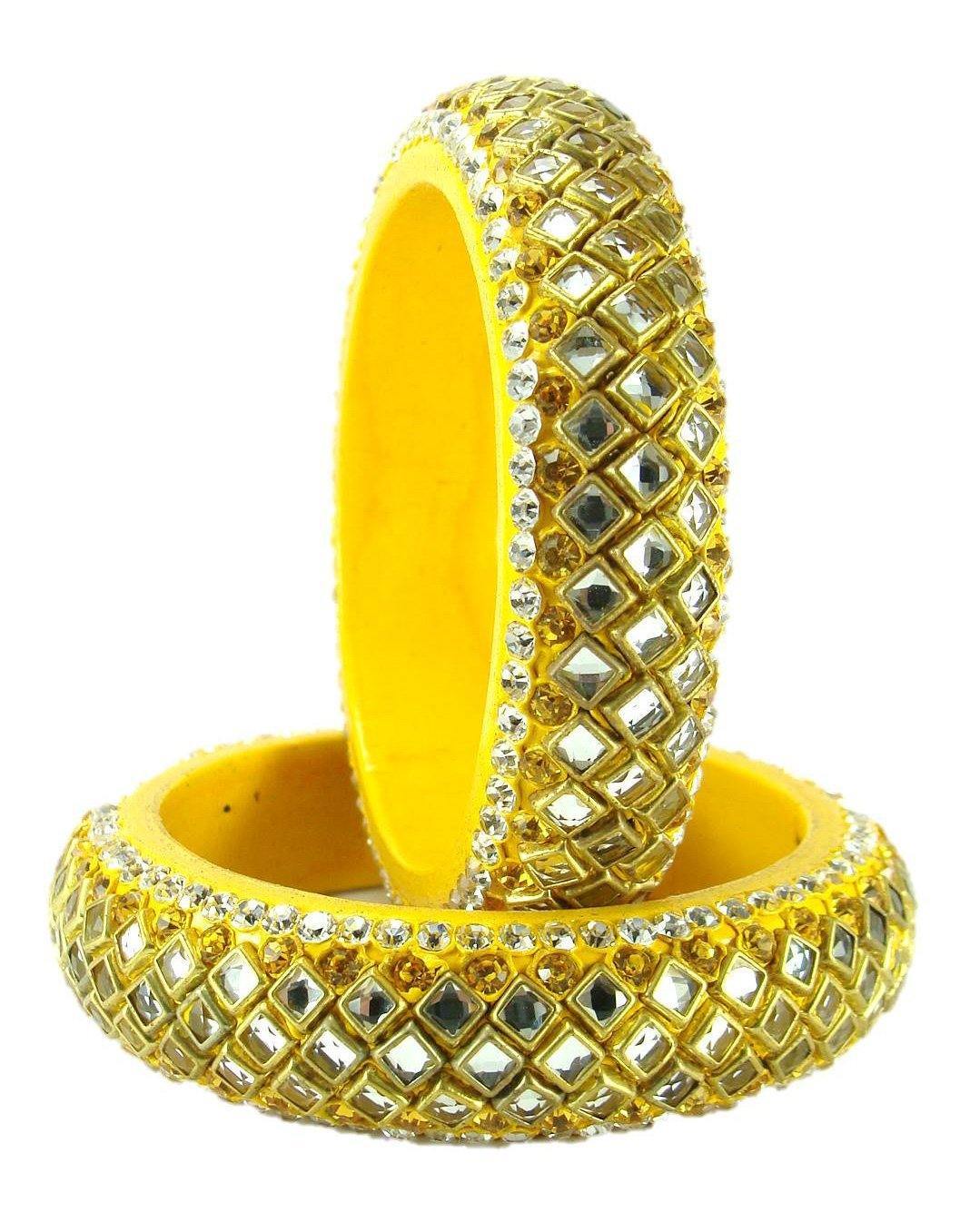 sukriti designer kundan yellow lac bangles for women - set of 2