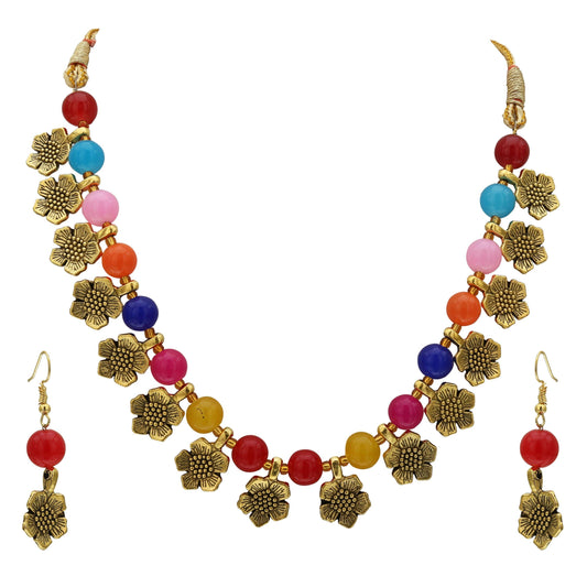 sukriti designer multicolor beads dangling flowers necklace earrings set jewelry for girls & women