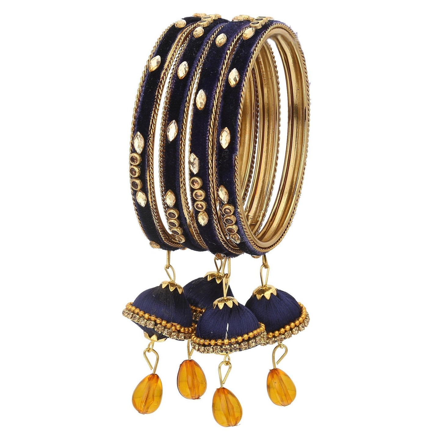 sukriti designer silk thread tassel latkan velvet navy-blue bangle for girls & women–set of 4