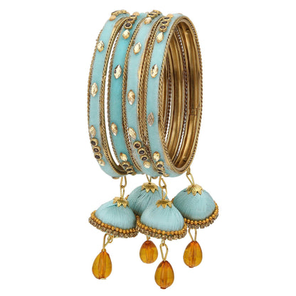 sukriti designer silk thread tassel latkan velvet turquoise bangle for girls & women–set of 4