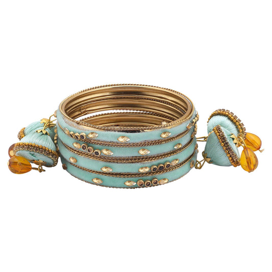 sukriti designer silk thread tassel latkan velvet turquoise bangle for girls & women–set of 4